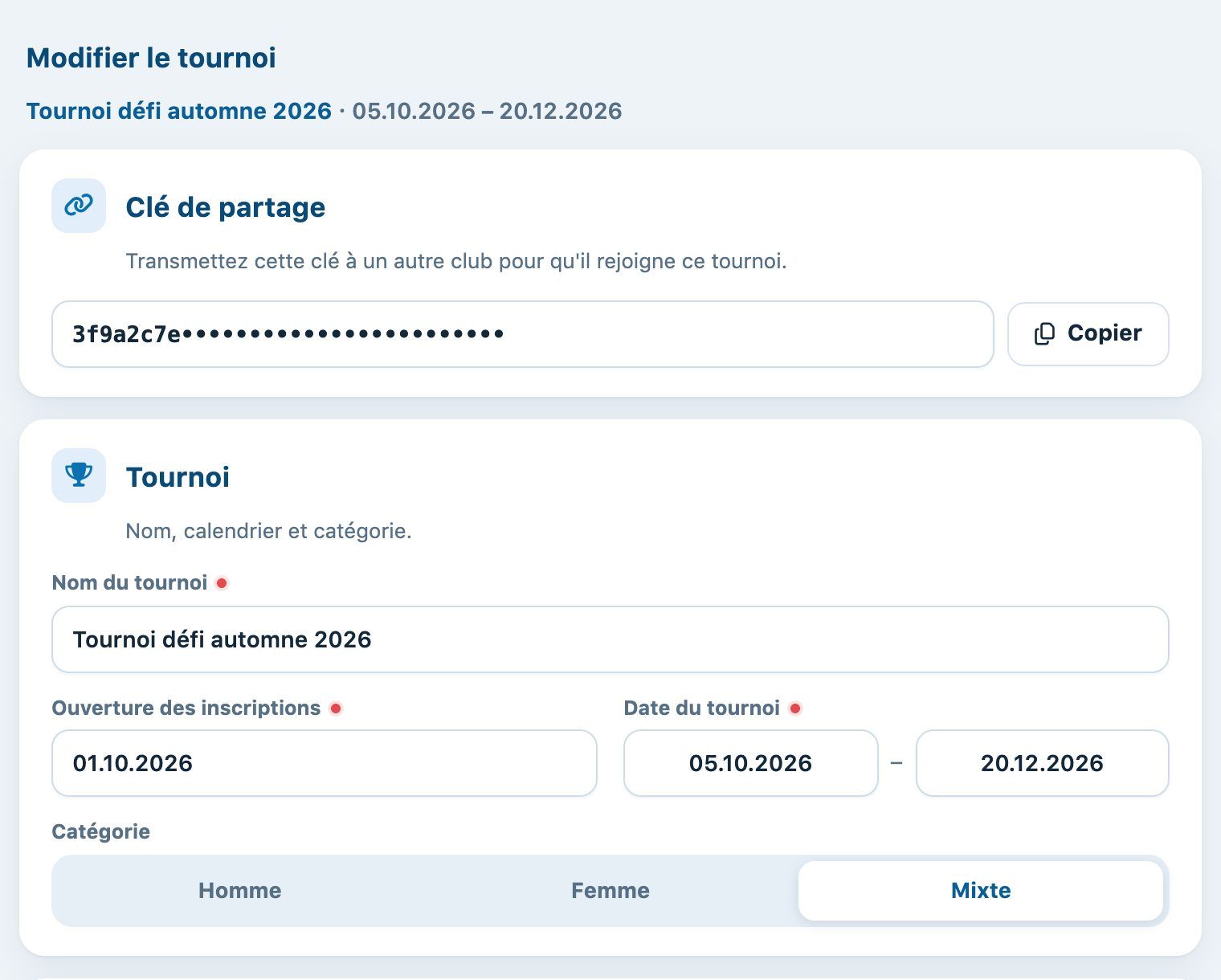 Panneau Modifier le tournoi avec la clé de partage