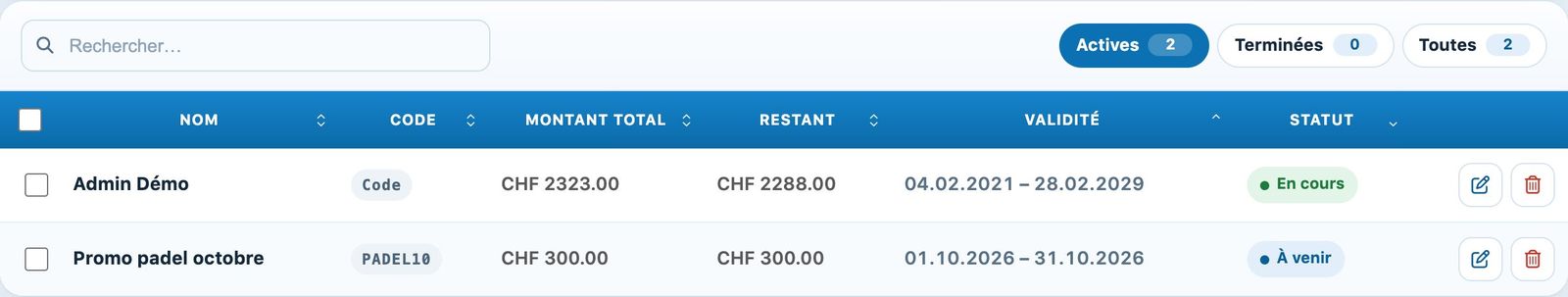 Liste des codes promotionnels