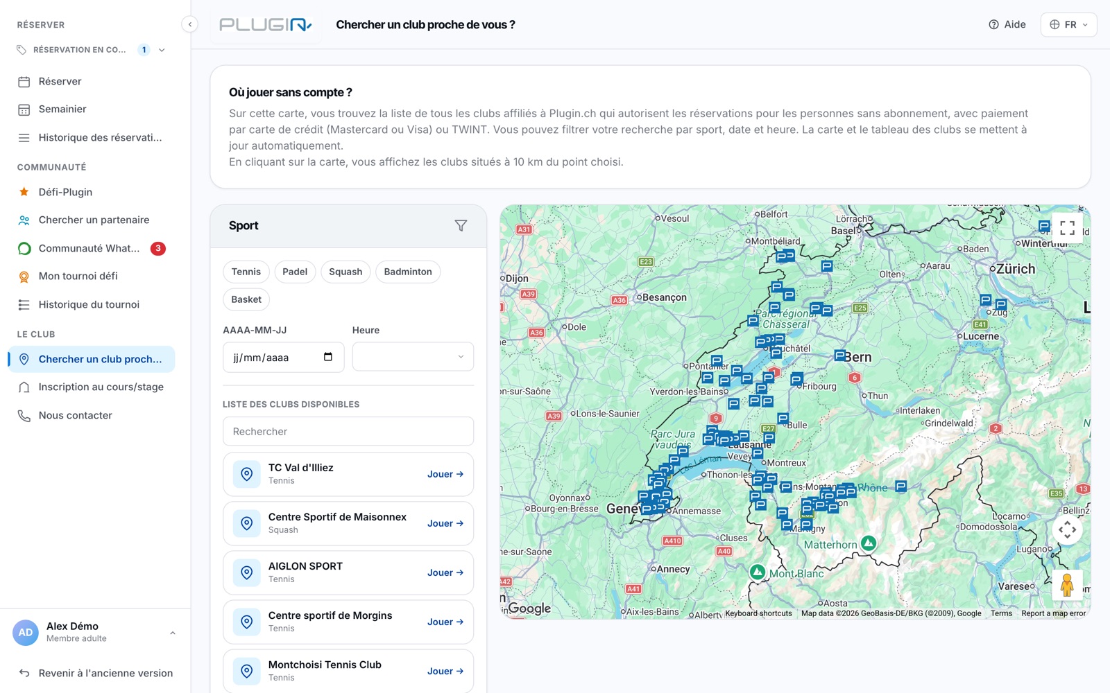 La carte des clubs Plugin.ch